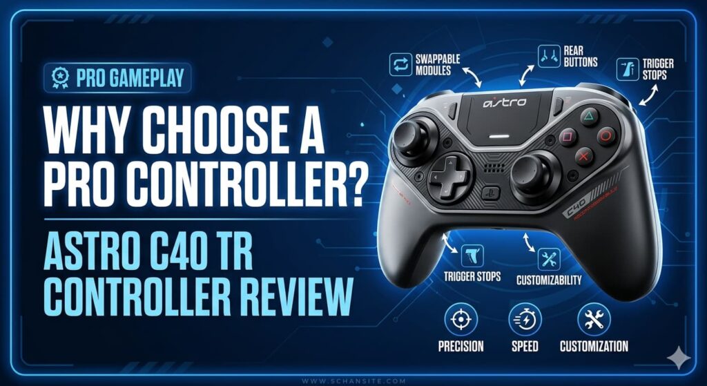 Astro C40 TR controller showing modular design and interchangeable thumbsticks