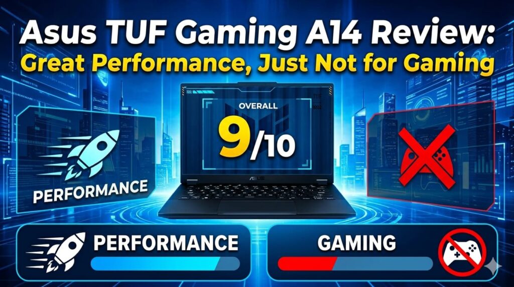Asus TUF Gaming A14 laptop design on desk showing slim and portable build