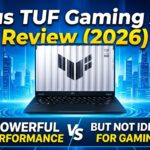 Asus TUF Gaming A14 laptop design on desk showing slim and portable build