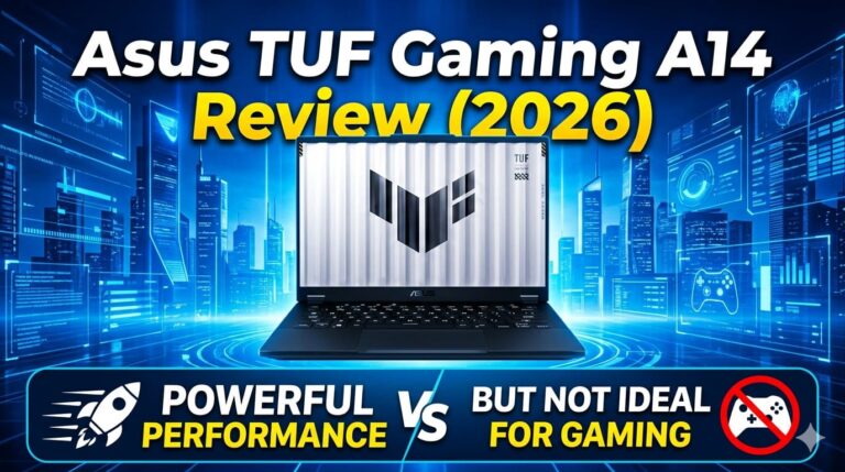 Asus TUF Gaming A14 laptop design on desk showing slim and portable build