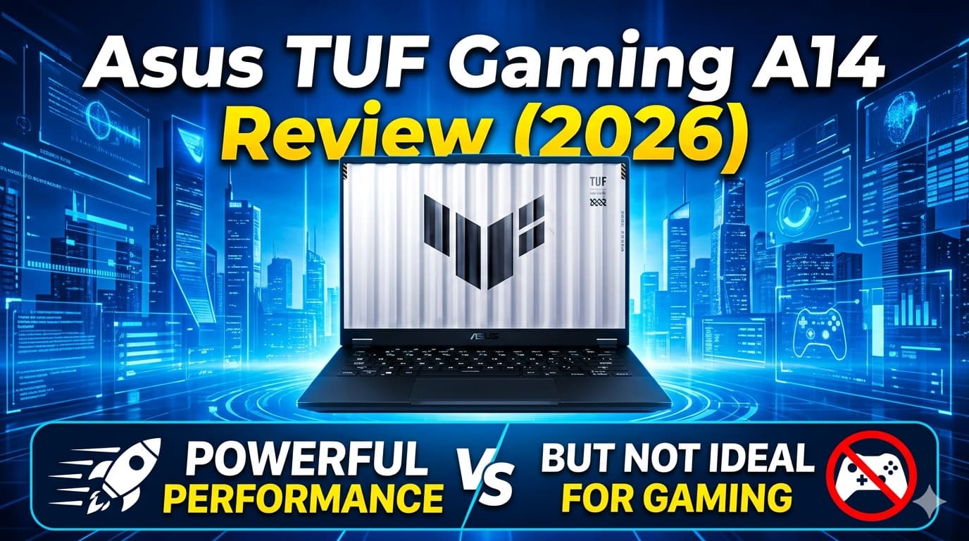 Asus TUF Gaming A14 laptop design on desk showing slim and portable build